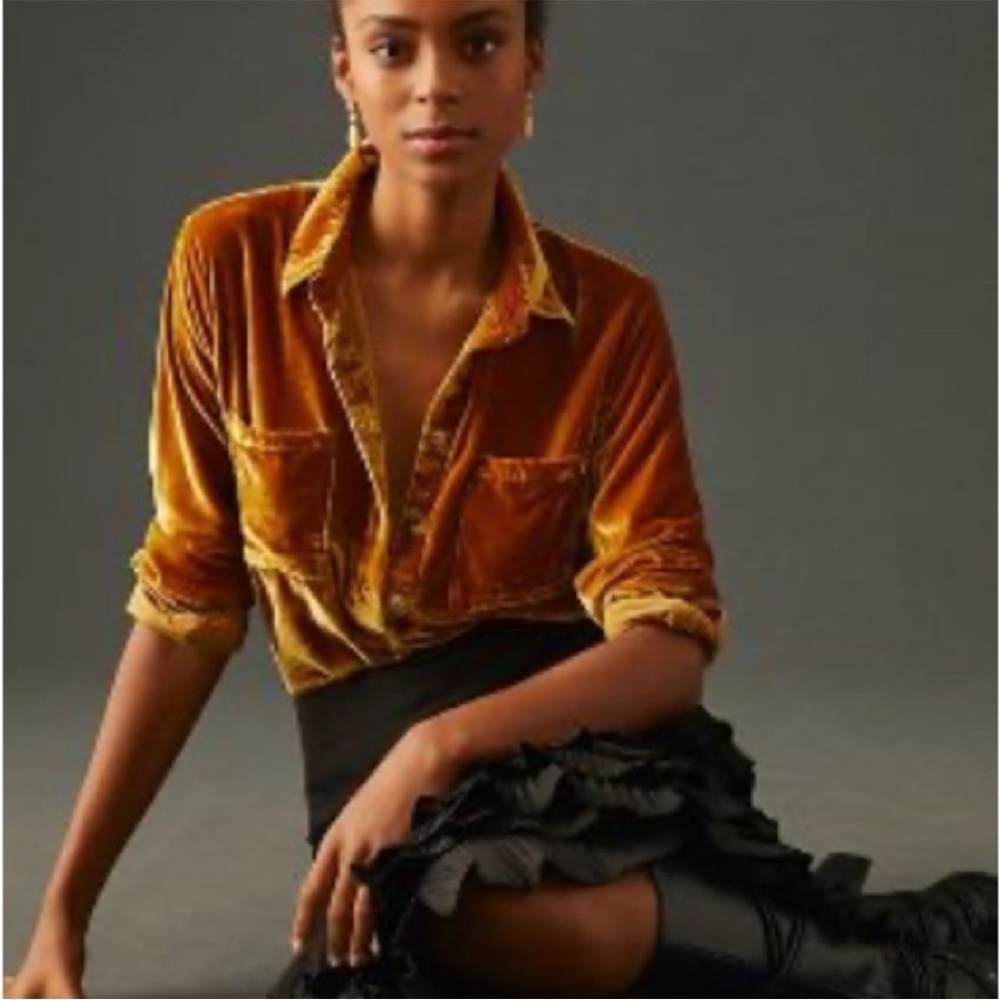 ANTHROPOLOGIE PILCRO Mara Relaxed Crushed Velvet Button Front Blouse Bronze Sz L